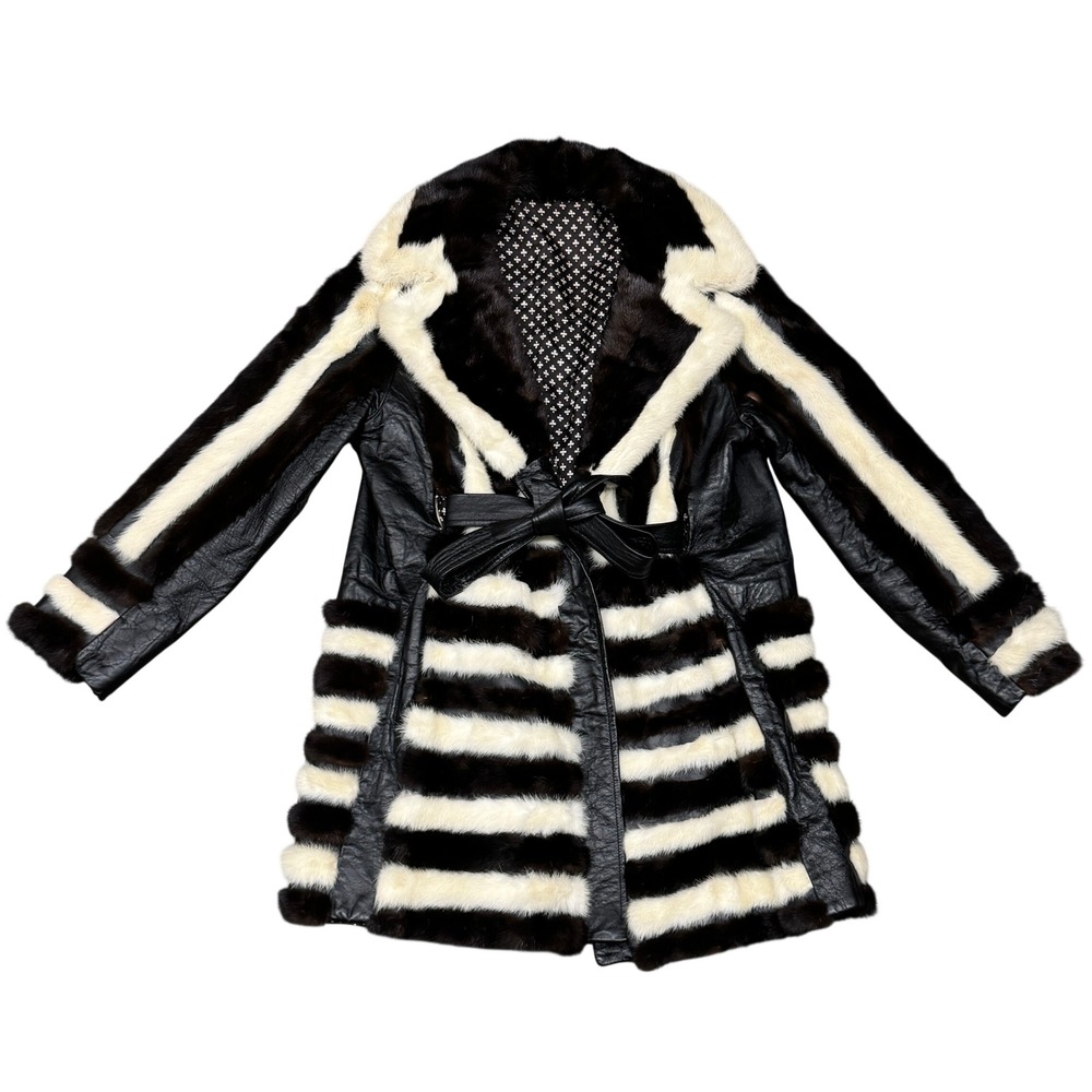 Size Medium - Vintage Black White Striped Faux Fur Leather Belted Trench Coat
